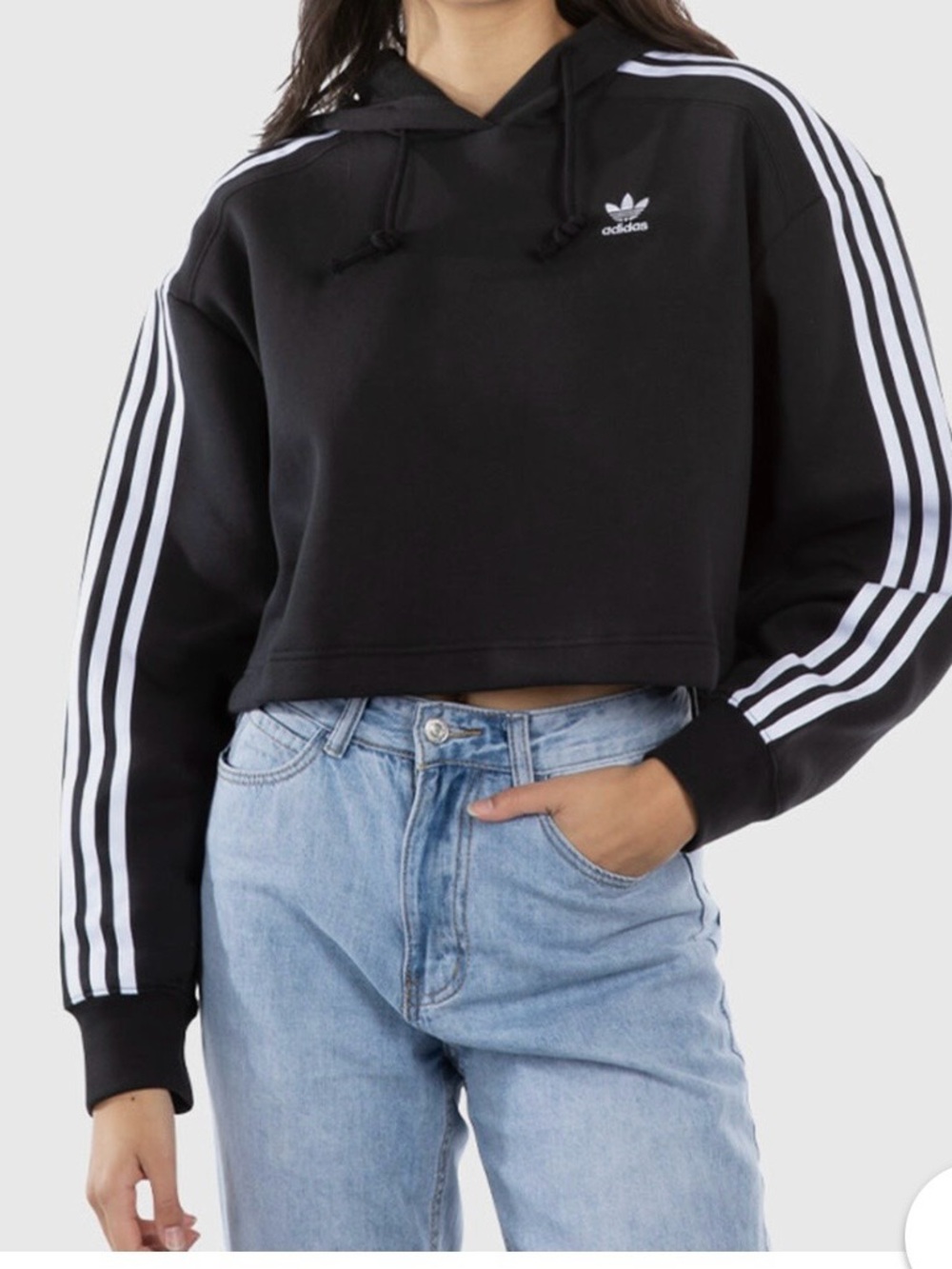 adidas Black Cropped Crewneck Hoodie with White Three Stripes